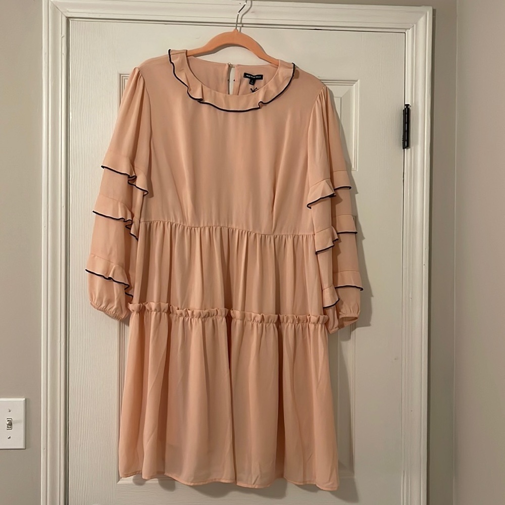 Peachy Blush Long Sleeve Drop Waist Dress with Black Trim